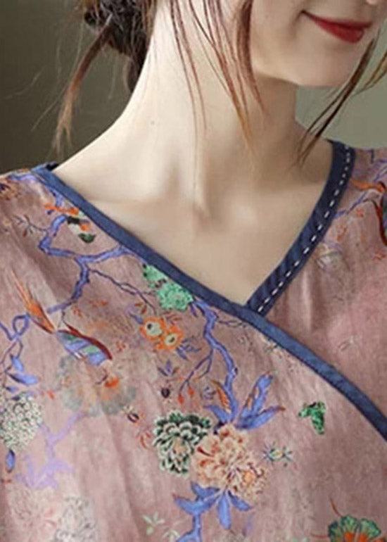 Vintage Pink V Neck Print Button Patchwork Blouse Tops Short Sleeve