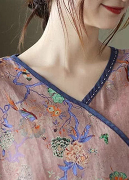 Vintage Pink V Neck Print Button Patchwork Blouse Tops Short Sleeve