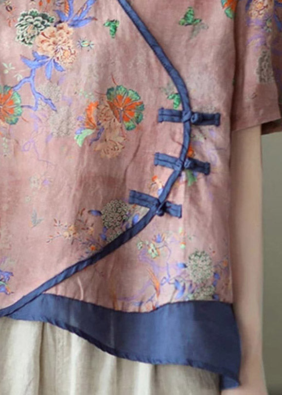 Vintage Pink V Neck Print Button Patchwork Blouse Tops Short Sleeve