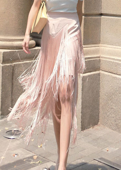 Vintage Pink Zip Up Tassel Patchwork Skirt Spring