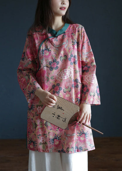 Vintage Pink button Stand Collar side open print Linen Tops Long Sleeve