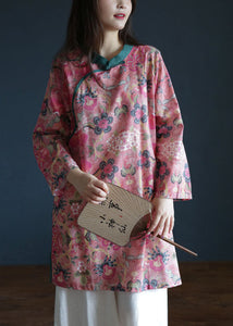 Vintage Pink button Stand Collar side open print Linen Tops Long Sleeve