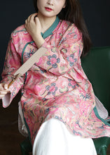 Load image into Gallery viewer, Vintage Pink button Stand Collar side open print Linen Tops Long Sleeve