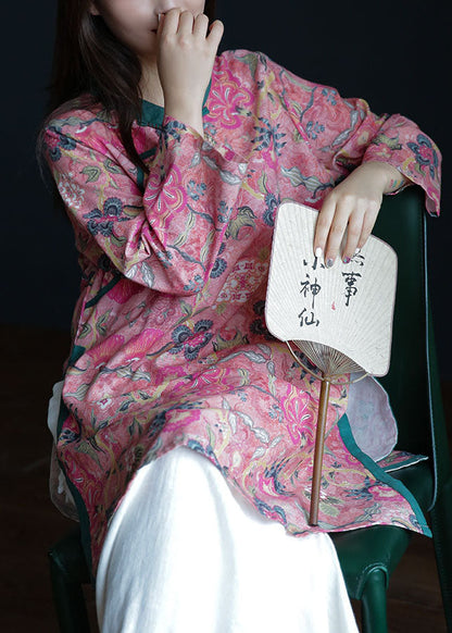 Vintage Pink button Stand Collar side open print Linen Tops Long Sleeve