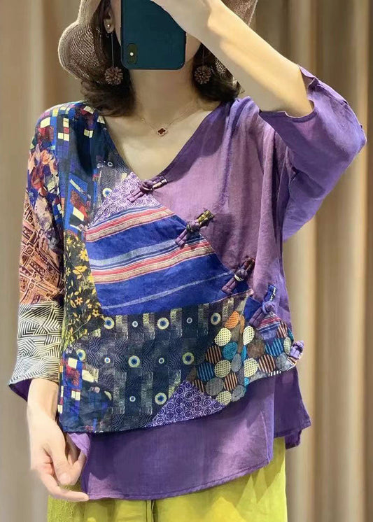 Vintage Purple Chinese Button Print Patchwork Cotton Shirt Tops Summer