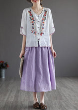Load image into Gallery viewer, Vintage Purple Elastic Waist Embroideried Linen Skirt Spring