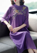 Load image into Gallery viewer, Vintage Purple Mandarin Collar Embroideried Silk Long Dress Summer