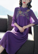 Load image into Gallery viewer, Vintage Purple Mandarin Collar Embroideried Silk Long Dress Summer