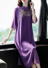 Load image into Gallery viewer, Vintage Purple Mandarin Collar Embroideried Silk Long Dress Summer