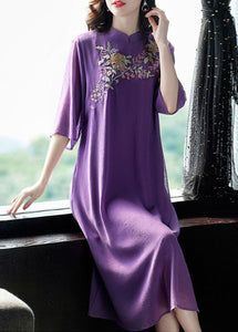 Vintage Purple Mandarin Collar Embroideried Silk Long Dress Summer