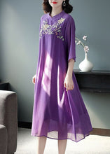 Load image into Gallery viewer, Vintage Purple Mandarin Collar Embroideried Silk Long Dress Summer