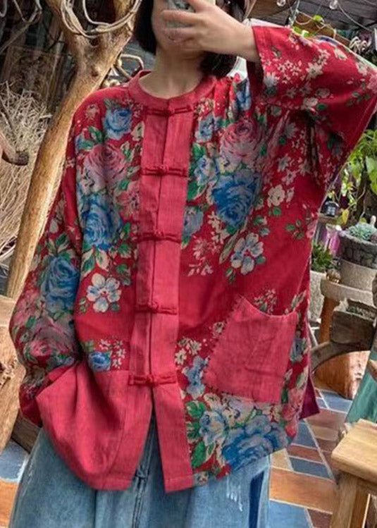 Vintage Red O-Neck Print Button Pockets Cotton Top Long sleeve