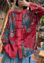 Vintage Red O-Neck Print Button Pockets Cotton Top Long sleeve