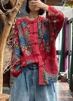 Vintage Red O-Neck Print Button Pockets Cotton Top Long sleeve