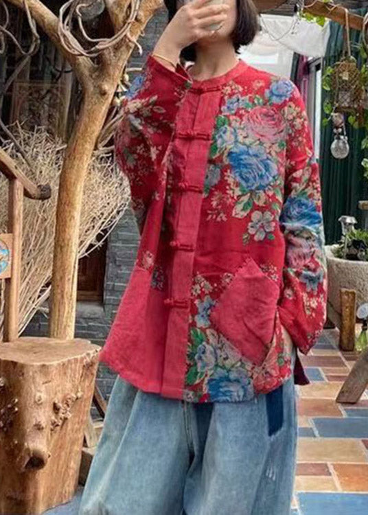 Vintage Red O-Neck Print Button Pockets Cotton Top Long sleeve