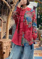 Vintage Red O-Neck Print Button Pockets Cotton Top Long sleeve