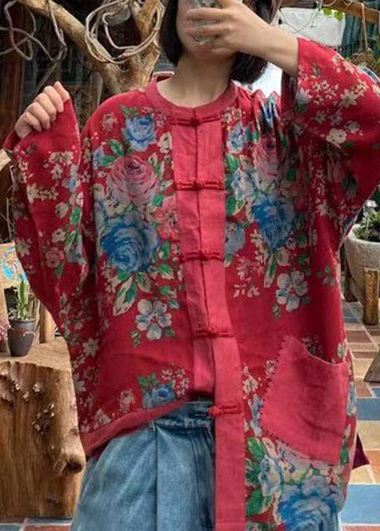 Vintage Red O-Neck Print Button Pockets Cotton Top Long sleeve