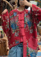 Vintage Red O-Neck Print Button Pockets Cotton Top Long sleeve