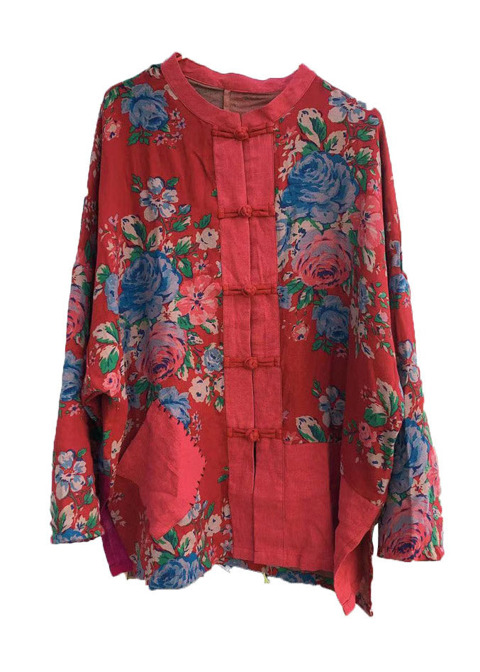 Vintage Red O-Neck Print Button Pockets Cotton Top Long sleeve