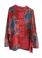 Vintage Red O-Neck Print Button Pockets Cotton Top Long sleeve