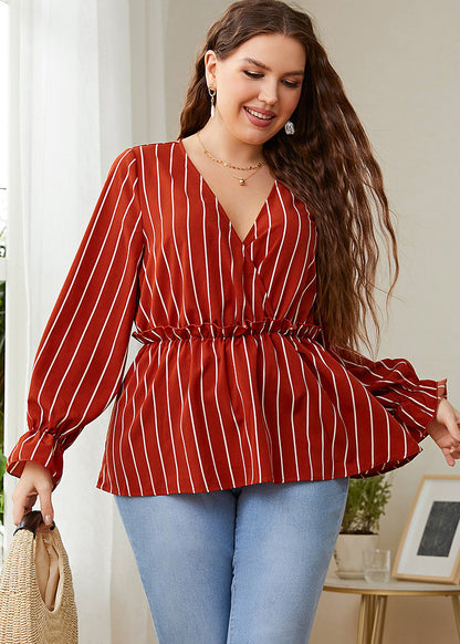Vintage Red V Neck Striped Patchwork Ruffled Chiffon Shirts Long Sleeve
