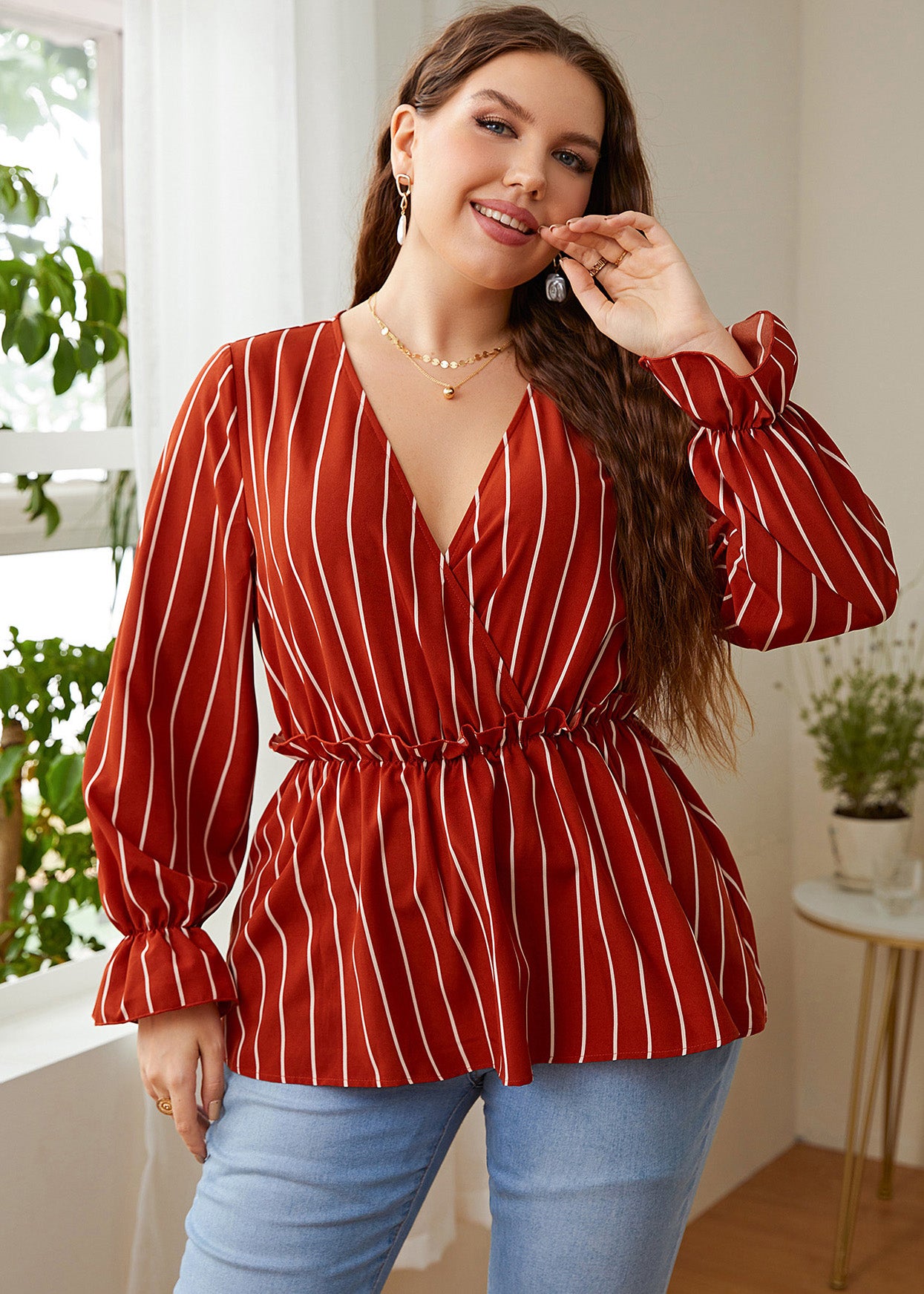 Vintage Red V Neck Striped Patchwork Ruffled Chiffon Shirts Long Sleeve