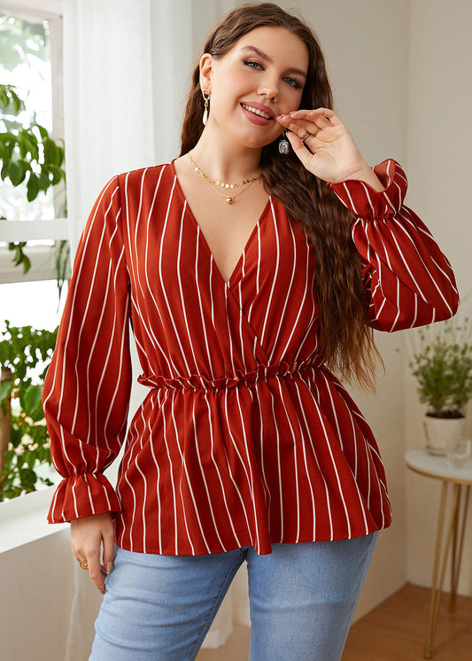 Vintage Red V Neck Striped Patchwork Ruffled Chiffon Shirts Long Sleeve