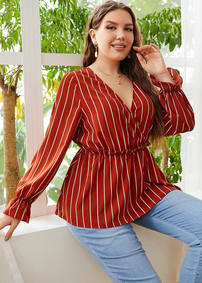 Vintage Red V Neck Striped Patchwork Ruffled Chiffon Shirts Long Sleeve