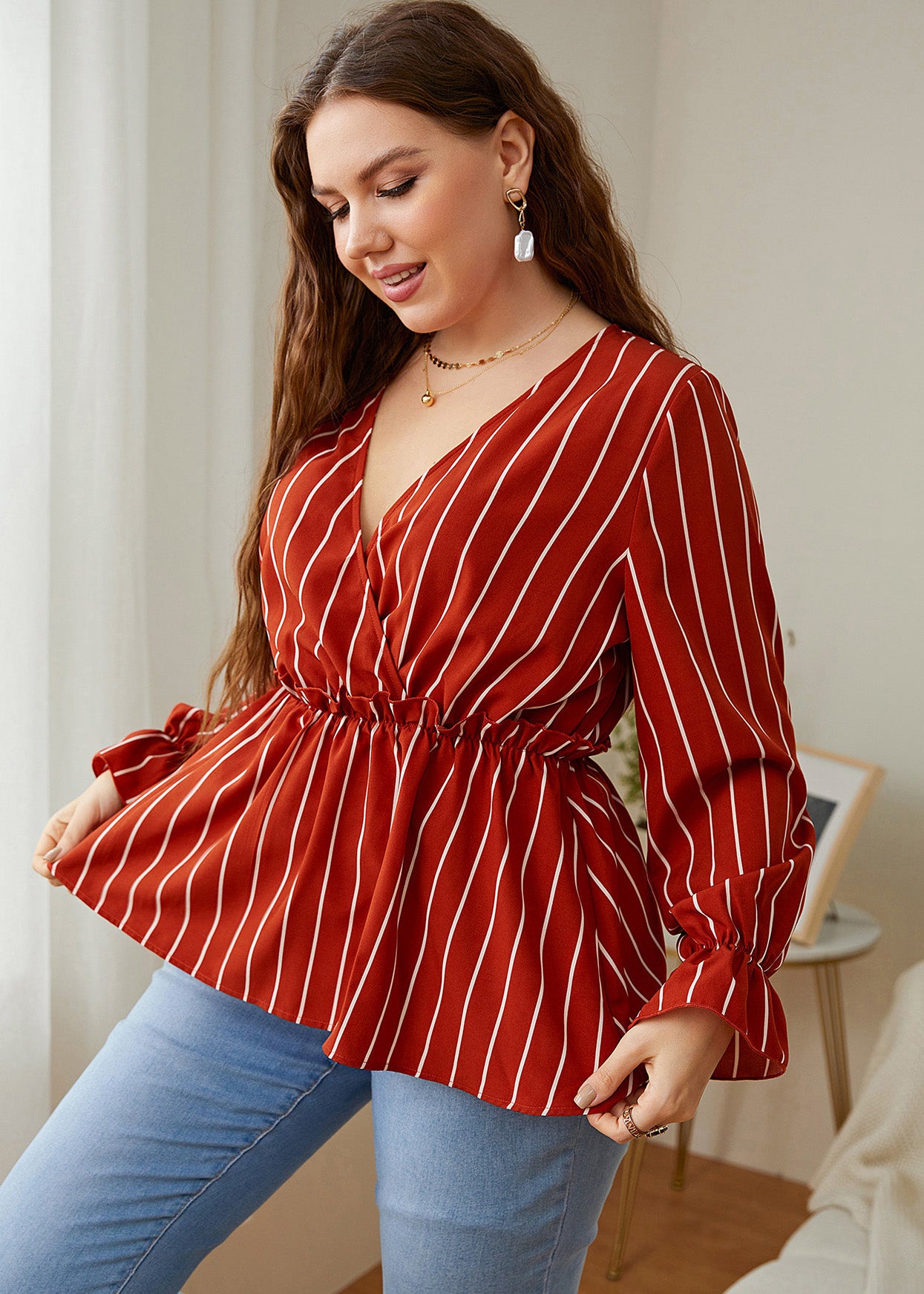 Vintage Red V Neck Striped Patchwork Ruffled Chiffon Shirts Long Sleeve