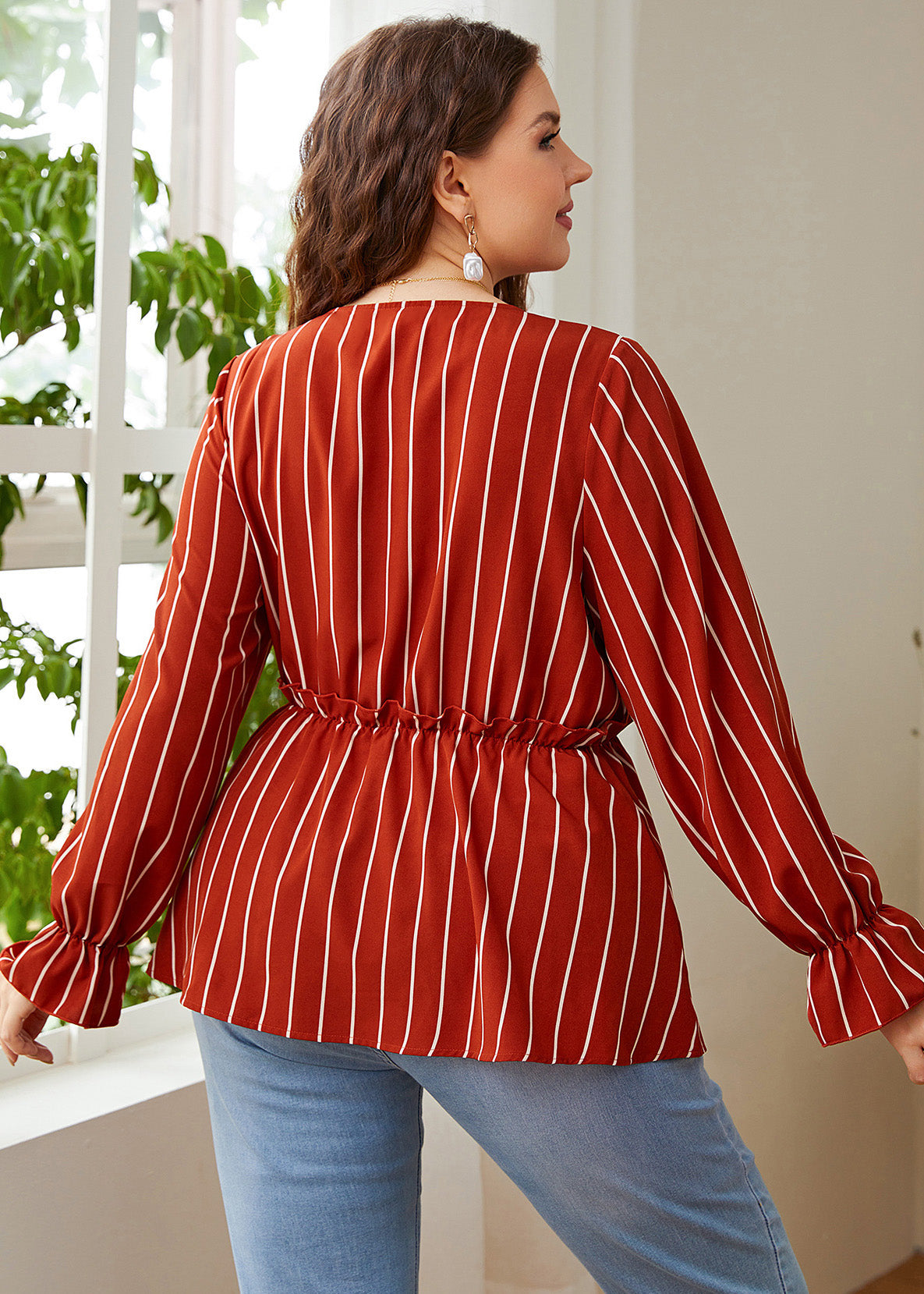 Vintage Red V Neck Striped Patchwork Ruffled Chiffon Shirts Long Sleeve