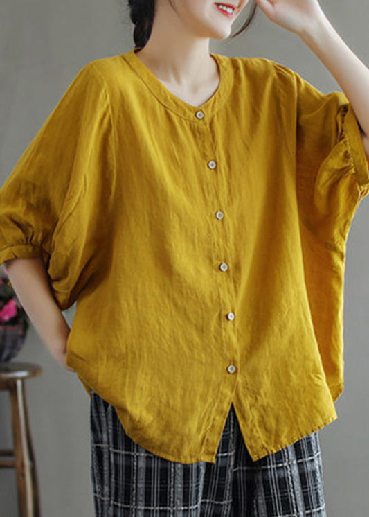 Vintage Rose O-Neck Button Low High Design Solid Linen Shirt Half Sleeve