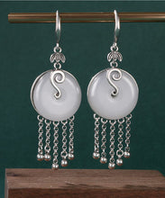 Load image into Gallery viewer, Vintage Silk Sterling Silver Inlaid Jade Tassel Drop Earrings