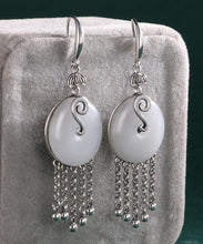 Load image into Gallery viewer, Vintage Silk Sterling Silver Inlaid Jade Tassel Drop Earrings