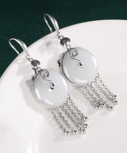 Load image into Gallery viewer, Vintage Silk Sterling Silver Inlaid Jade Tassel Drop Earrings