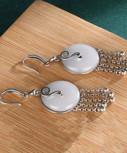 Load image into Gallery viewer, Vintage Silk Sterling Silver Inlaid Jade Tassel Drop Earrings