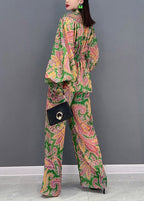 Vintage Stand Collar Wrinkled Print Chiffon Shirts And wide leg pants Two Pieces Set lantern sleeve