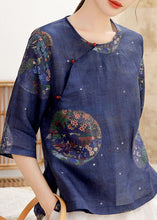 Load image into Gallery viewer, Vintage Tibetan Blue button O-Neck print Linen Shirt Tops Half Sleeve
