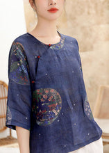 Load image into Gallery viewer, Vintage Tibetan Blue button O-Neck print Linen Shirt Tops Half Sleeve