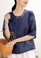 Vintage Tibetan Blue button O-Neck print Linen Shirt Tops Half Sleeve