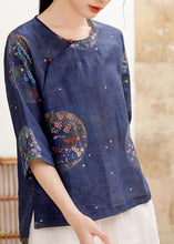 Load image into Gallery viewer, Vintage Tibetan Blue button O-Neck print Linen Shirt Tops Half Sleeve