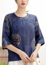 Load image into Gallery viewer, Vintage Tibetan Blue button O-Neck print Linen Shirt Tops Half Sleeve