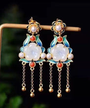 Load image into Gallery viewer, Vintage White Sterling Silver Overgild Inlaid Jade Agate Pearl Drop Earrings