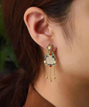 Load image into Gallery viewer, Vintage White Sterling Silver Overgild Inlaid Jade Agate Pearl Drop Earrings