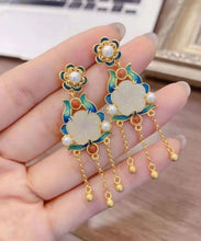 Load image into Gallery viewer, Vintage White Sterling Silver Overgild Inlaid Jade Agate Pearl Drop Earrings