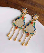 Load image into Gallery viewer, Vintage White Sterling Silver Overgild Inlaid Jade Agate Pearl Drop Earrings