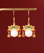 Load image into Gallery viewer, Vintage Yellow Ancient Gold Inlaid Zircon Pearl Dao Ma Dan Face Mask Drop Earrings