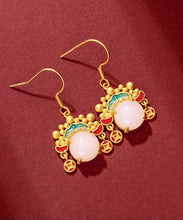 Load image into Gallery viewer, Vintage Yellow Ancient Gold Inlaid Zircon Pearl Dao Ma Dan Face Mask Drop Earrings