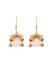 Load image into Gallery viewer, Vintage Yellow Ancient Gold Inlaid Zircon Pearl Dao Ma Dan Face Mask Drop Earrings