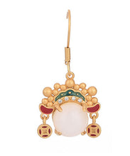 Load image into Gallery viewer, Vintage Yellow Ancient Gold Inlaid Zircon Pearl Dao Ma Dan Face Mask Drop Earrings