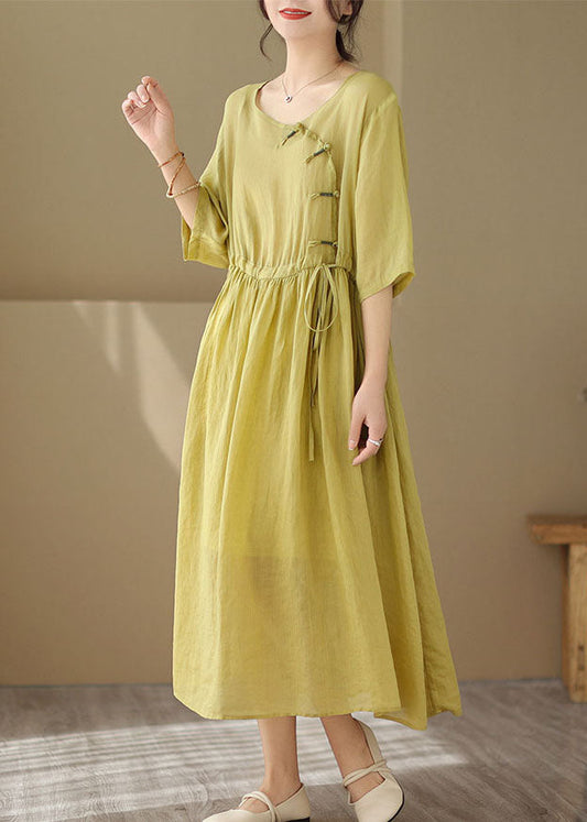Vintage Yellow O Neck Chinese Button Patchwork Cotton Dresses Summer